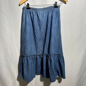 Vintage Union Label Blue Denim Midi‎ Skirt Ruffle Cottage Prairie Boho 6 Western